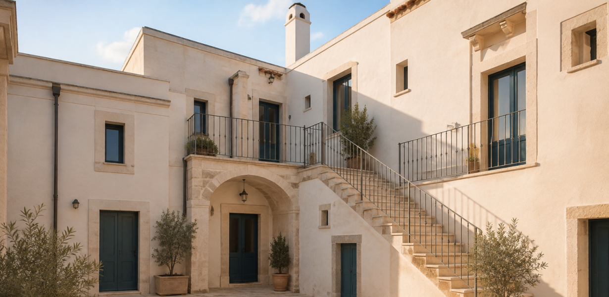 Illustrazione di un cortile mediterraneo riqualificato con abitazioni e piante.