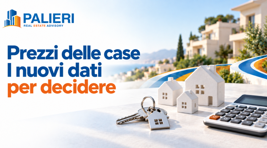 Copertina Palieri sui prezzi delle case con modellini di abitazioni, chiavi e calcolatrice