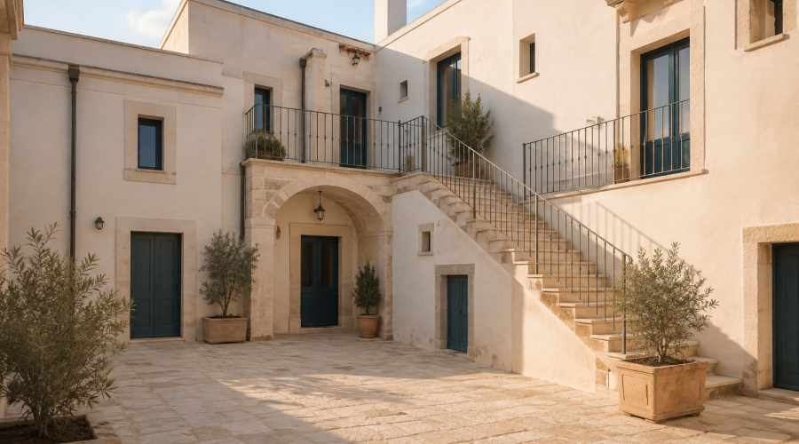 Illustrazione di un cortile mediterraneo riqualificato con abitazioni e piante.